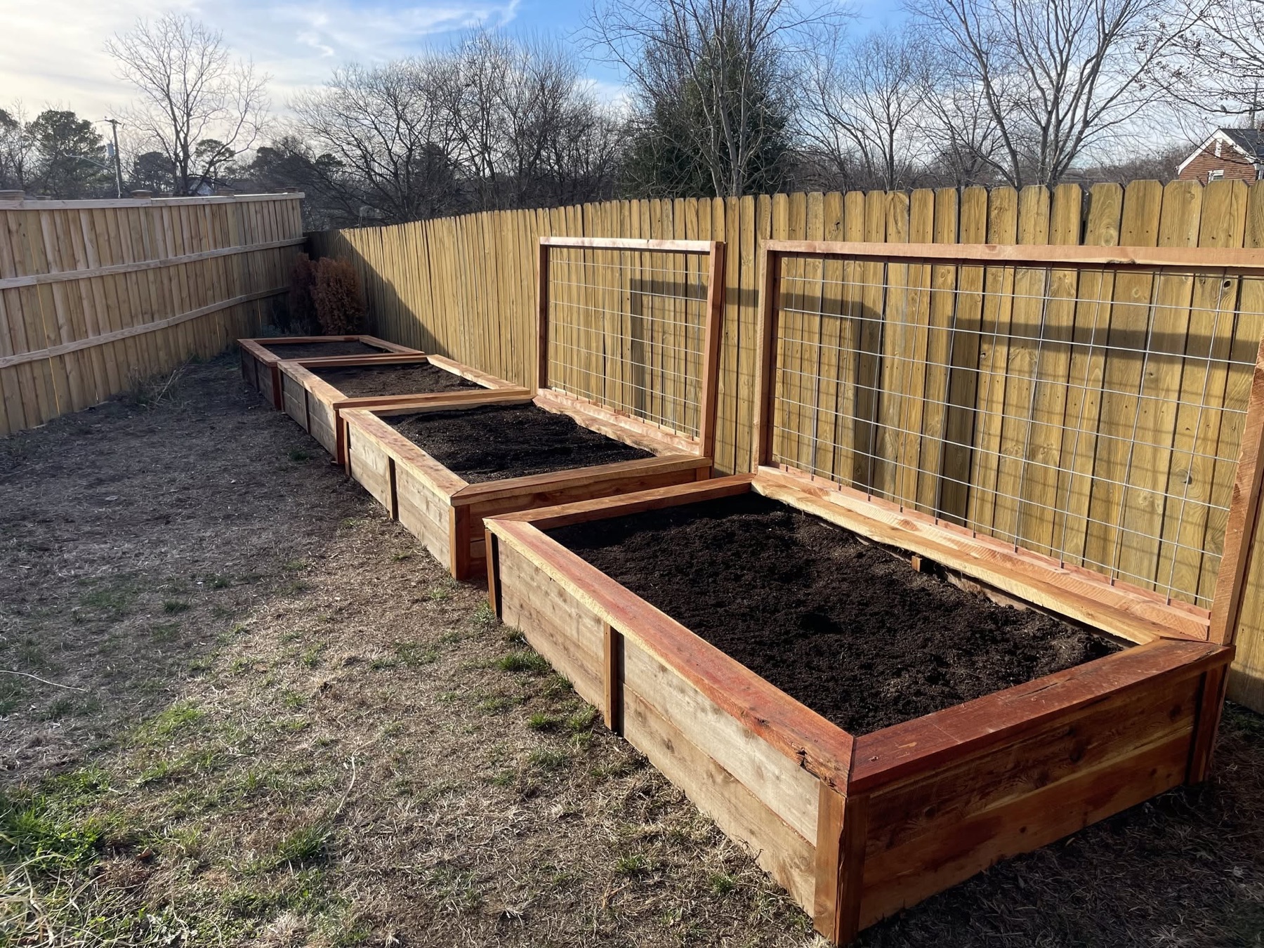 Cedar raised beds with a custom trellis system by Avodah