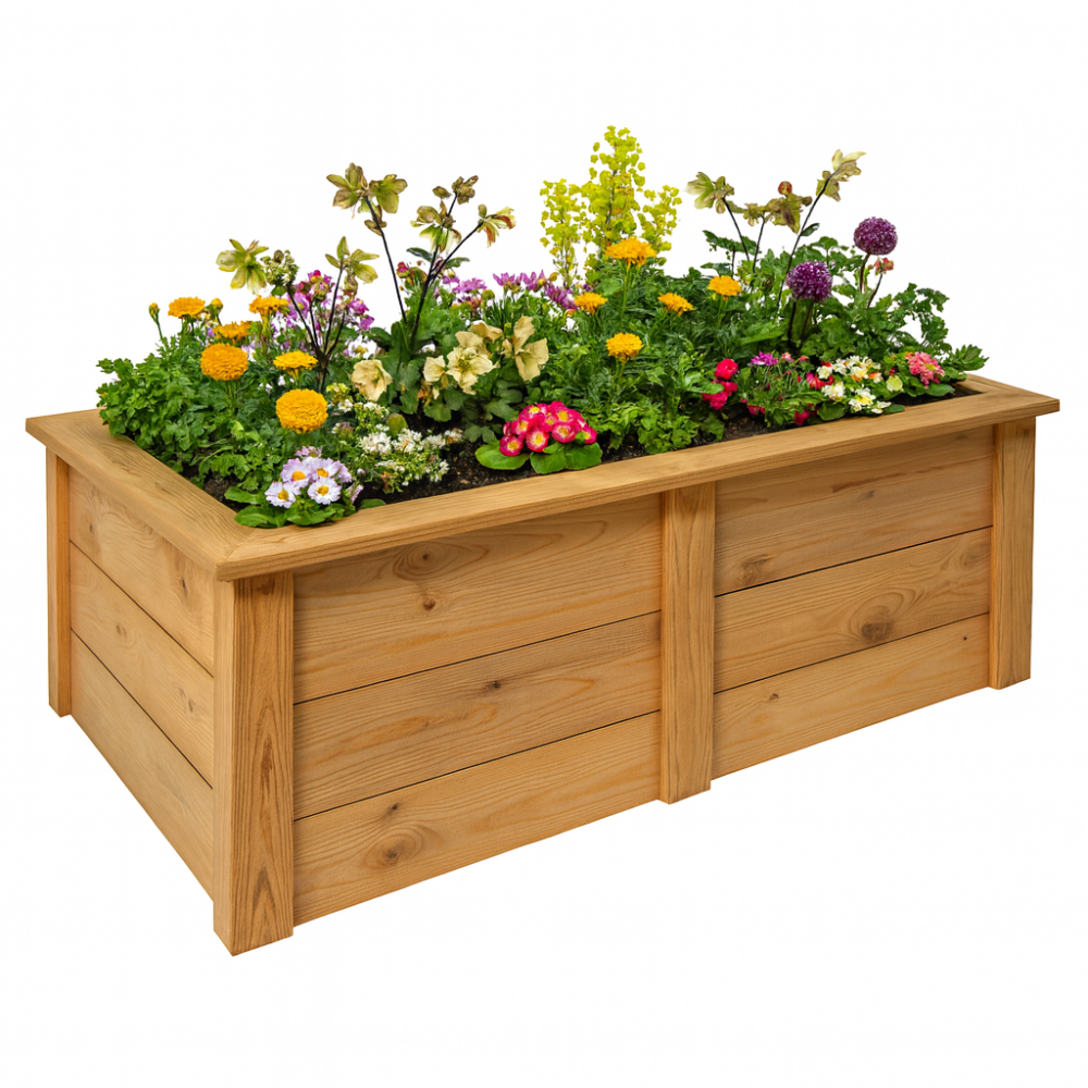 Handcrafted Tennessee cedar Heritage raised garden bed with framed corners, mitered trim, and center brace by Avodah Gardenworks