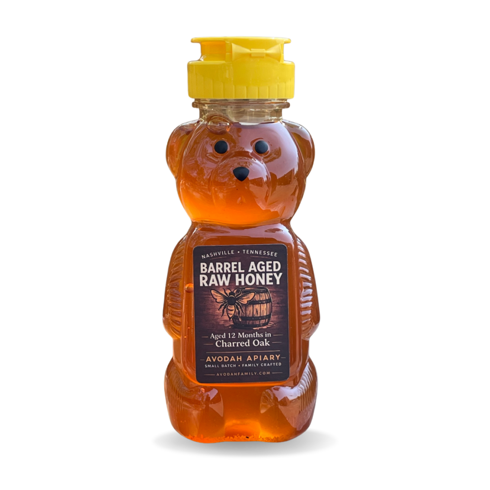 Barrel-aged raw honey in bear bottle, aged 12 months in charred oak, Nashville Tennessee small batch honey