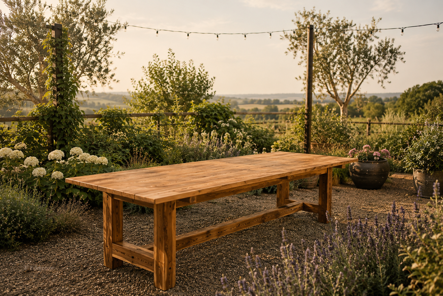Cedar garden table in warm garden setting at golden hour